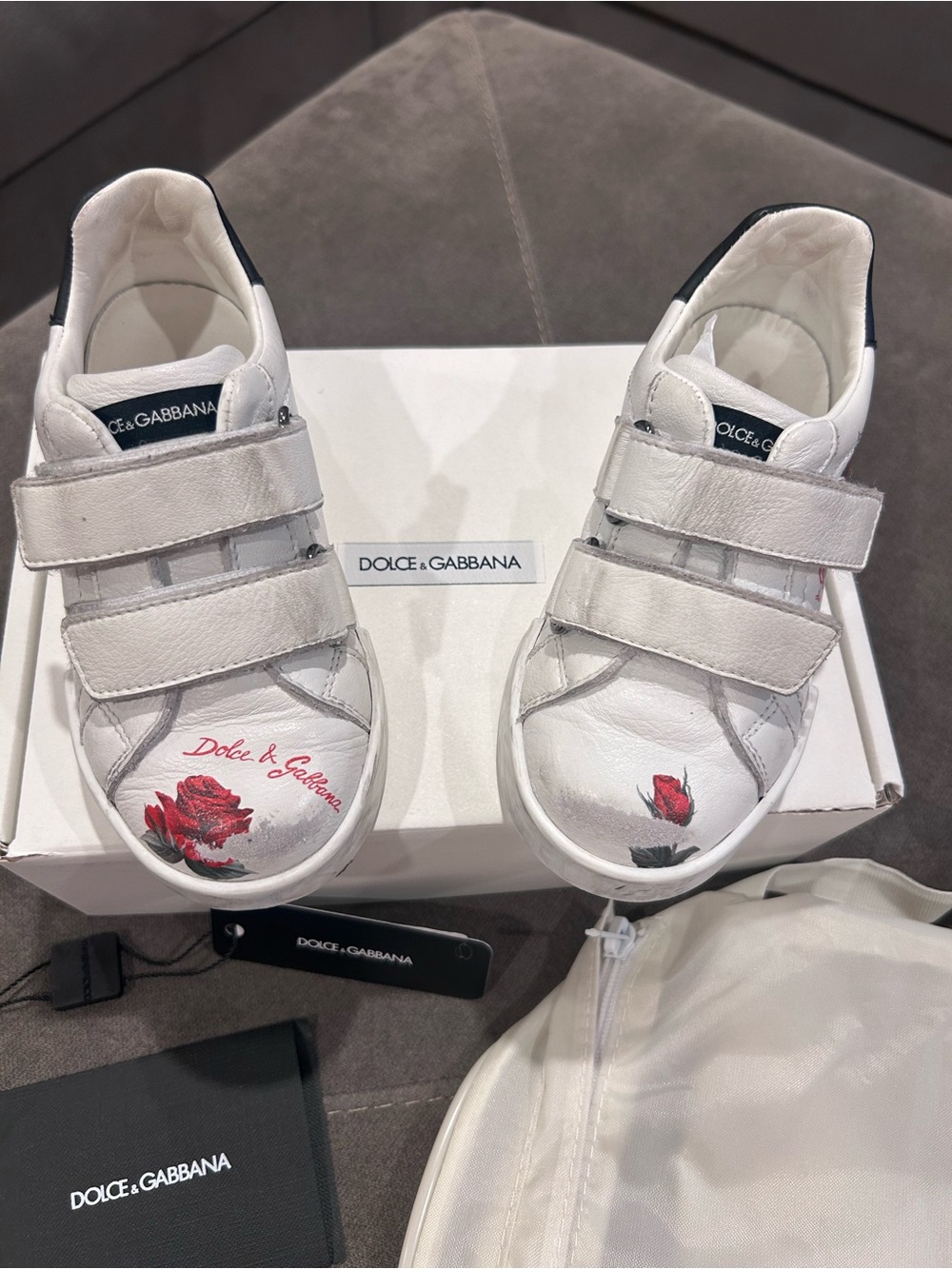 Dolce & Gabbana Kids White Leather Sneakers with Red Rose Detail Size 26